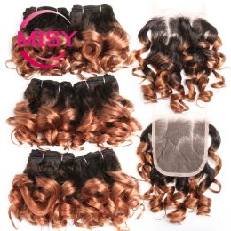 Coloured Curly Bundles With Closure Bouncy Curly Indian Human Hair Weave Bundles With Closure Ombre Brown Hair Extensions