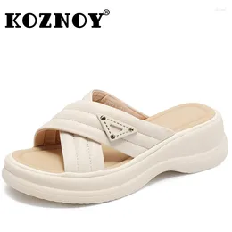 Slippers Koznoy 5cm Weave Sheepskin Leather Summer Lightweight Oxfords Comfy Women Flats Loafer Soft Soled Good Slipper Flexible Shoes