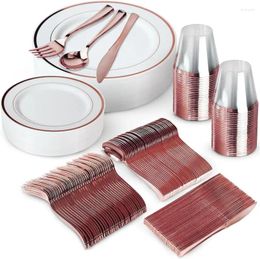 Disposable Dinnerware 300 Piece Rose Gold Set 100 White And Plates Of 150 Plastic Silverware 50 Cups