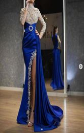 Luxury Royal Blue Prom Dresses Mermaid Crystal Sequins High Neck Long Sleeves Side Split Evening Gowns Dress Custom Made robe de s5124512