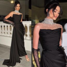 Luxury Beading Neck Evening Dresses Rhinestone Draped Satin Saudi Arabia Prom Gown Satin Ruched vestidos de fiesta