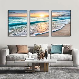 3pcs Modern Wave Beach Sunset Canvas Painting Natural Sea View Posters And Printed Wall Art Photos For Living Room Bedroom Decor