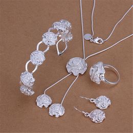 925 sterling Silver classic rose flower cuff bangle rings Bracelets necklaces earrings Jewelry set for women wedding party gifts