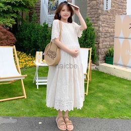 Maternity Dresses 2024 Pregnant Woman Lace Dress Summer Short Sleeve O-Neck Hollow Out Maternity Cotton Dress Sweet Long Loose Princess Clothes 240413