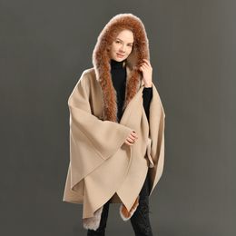 Jxwatcher Fall Wool Cloak Coat Real Fur Collar Winter Women Long Cape Cloak Hoodies Poncho Warm Wool Trench Outwear Windbreaker