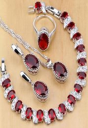 Natural 925 Sterling Silver Jewellery Red Birthstone Charm Jewellery Sets Women Earringspendantnecklaceringbracelets T055 J1907071261043