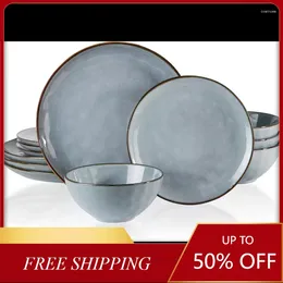 Plates Dinnerware Sets For 4 Ocean Round 12-Piece Kitchen And Bowls Reactive Glaze Microwave Dishwasher Safe