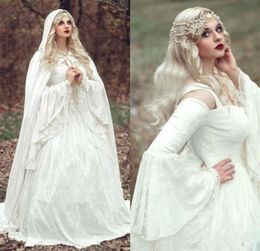 Renaissance Gothic Lace Wedding Dresses With Cloak Plus Size Vintage Bell Long Sleeve Celtic Medieval Princess ALine Wedding Brid4891588