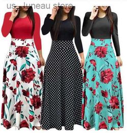 Basic Casual Dresses Plus Size Women Autumn Print Stitching Flower Casual Long Party Dress 2023 Vestidos Bodycon Elegant Sexy Woman Maxi Dress Femme T240412