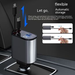4 IN 1 Cigar Lighter Plug Fast Charger Charge 100W Retractable Car USB Jack Type C Cigarette Lit Cable Socket For IPhone Adapter