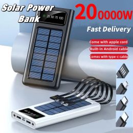 Banks 200000mAh Solar Power Bank Built Cables Solar Charger 2 USB Ports External Charger With LED Light For Xiaomi iphone 2023 New