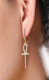 iced out mini hoop ankh dangle earrings men women hip hop xury designer bling diamond christian dangling earring lover hoops huggie3471890