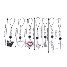 Handmade Y2K Phone Charms Pendant Kawaii Cute Butterfly Cellphone Strap Lanyard Black Red Dark Gothic Chain For Keys Accessories