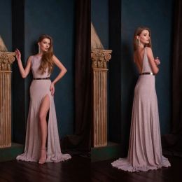 2024 New Arrival Prom Dresses Scoop Neck Sexy Sleeveless Backless Elegant Home Party Gowns High Side Split Sweep Train Formal Evening Dress