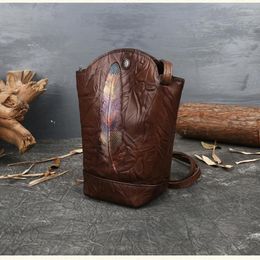 Shoulder Bags Women's Fashion Brush-off Genuine Leather Unique Feather Printing Mini Phone Bucket Bag ShoulderBag CrossbodyBag Daily