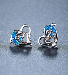 Stud Blue Opal Love Heart Wedding Earrings Cute Animal Double Dolphin Classic Rose Gold Silver Colour For Women7319034