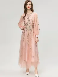 Casual Dresses Pink Long Dress Summer Spring Fashion Design Women Runway High Street Vintage Embroidery Flower Sequined Mesh Party