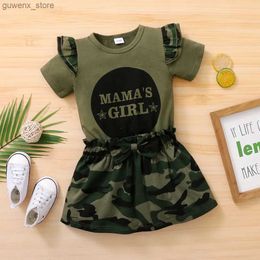 Clothing Sets 1-6 Year Baby Girl Clothing Outfit Letters Ruffle Fly Sleeve Short Sleeve T-shirt+Camouflage Skirt 2Pcs Summer Fashion Style Y240412