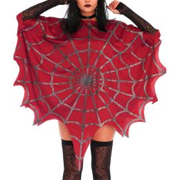 Halloween Cape for Women Punk Gothic Clothes Spider Web Print Round Neck Asymmetrical Hem Poncho Party Cosplay Costume Outfit