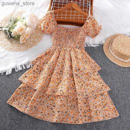 Girl's Dresses Dress Kids Girls 5-12 Years Orange Floral Elastic One-Shoulder Dress For Girls Korean Style Casual Vacation Princess Dress Y240412