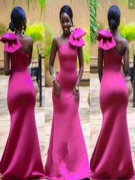 2019 Charming Fuchsia Long Prom Formal Dresses Mermaid One Shoulder robe de soiree Satin Evening Gowns With Bow5102078