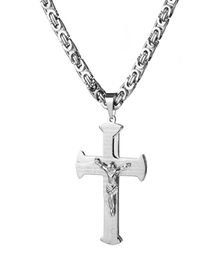 67mm43mm Polishing Silver Color Men039s Jesus Cross Pendant Necklace 6mm Stainless Steel Flat Byzantine Chain 1836 Inches4515567