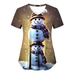 Christmas Nurse Uniform Women 3d Snowman Print Short Sleeve Pockets Loose Shirts Lab Overalls Scrub Healthcare Carer Uniforms