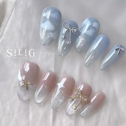 Bow Ice Translucent Sense Handmade Wearable Fake Nail Gradient AB Asymmetric Almond false Nails Trim Shape Decoration 240328