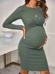 Maternity Dresses Solid Maternity Long Sleeve Dresses 2023 Autumn Pregnant Women Criss Cross Knitted Dress Premama Clubwear Bodycorn Clothing 240412