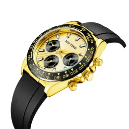 Wristwatches PINTIME 2024 Men Luxury Sport Gold Watch Dial Work Chronograph Function Quartz Wristwatch Stopwatch Rubber Strap Clock Montre