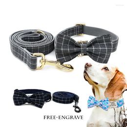 Dog Collars Black Grid Dogs Colourful Gorgeous Pet Breathable Fabric Collar Traction Rope Bow Custom Name Engrave