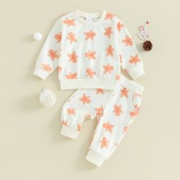 Toddler Girl Christmas Outfit Long Sleeve Gingerbread Print Sweatshirt Tops Baby Girl s White Pants Sets