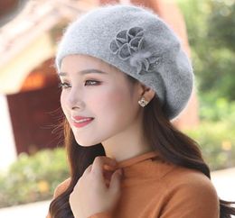 Berets Women Beret Angora Knit Hat Winter Warm Headwear Flower Casual Soft Double Layers Thermal Snow Outdoor Accessory6648264