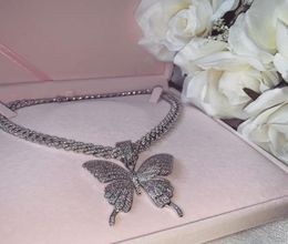 Ice Out Butterfly Pendants Necklaces CZ Cuban Chain and Tennis chains for Men Women Hip Hop choker Jewelry3602479