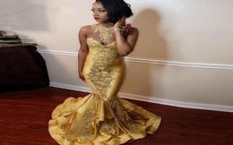 Sexy Yellow Lace Appliqued Mermaid Prom Dresses African Beaded Neck Sheath Evening Dress Long Formal Party Pageant Gown1758672