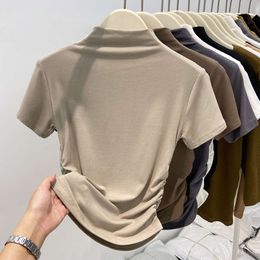 Half High Collar, Shoulder Length, Cotton, Tight Fitting Sleeved Bottom T-shirt for Women's Summer New Pure Slim Fit Short Spicy Girl Top