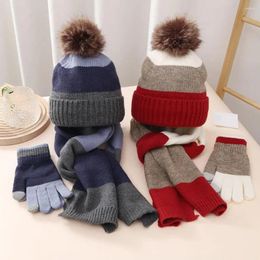 Cycling Gloves 3Pcs/Set Kids Winter Hat Scarf Set Plush Ball Decor Striped Print Thickened Fleece Lining Beanie Knitting Full