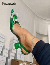 2021 Star style Green Blue Soft PVC Women Sandals Fashion Crystal Heeled Slingbacks Summer Shoes High heels Wedding Bride Shoes H15039102