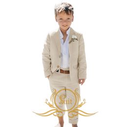 Solid Colour Linen Suit Summer Beach Wedding Boy Suit Jacket Pants 2 Pieces Set Kids Linen Suit