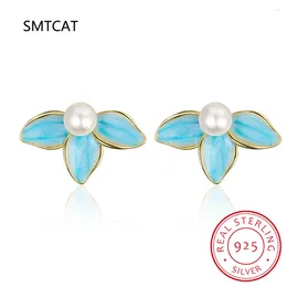 Stud Earrings Real 925 Sterling Silver Sweet 18k Gold Flower Synthesis Pearl For Fashion Women Gift Jewellery DE0316