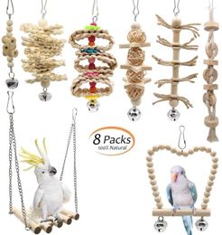 Other Bird Supplies 8 Pcs/Set Chewing Toys Parrot Swing With Upgraded Bell Creative Natural Wood Standing Hanging Hammock Cage
