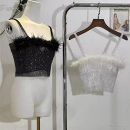 Women's Tanks Mesh Diamond Crystal Sexy Small Sling Bright Short Style With Shiny Waistless Top Feather Fashion Summe 2024