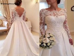 2019 vintage Wedding Dresses A Line Sheer scallop neck long sleeves Backless Lace applique and Satin Bridal Wedding Gowns court tr6431236