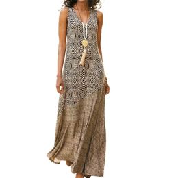Women Loose Dress Vintage Geometric Print V Neck Sleeveless for Beach 50% 240412