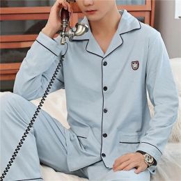 Men's Spring Autumn Cottom Pyjamas Soft Warm Long Sleeve Shirt Top+Trouser High Quality Temperament 2 Piece Homewear Suits M-4XL