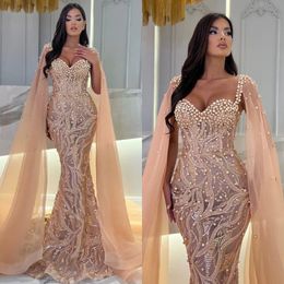 Stunning champagne Mermaid Evening Dresses elegant with cape pearls sweetheart sequins Prom dress Arabic formal dresses for women