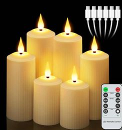 set of 6 USB Rechargeable Remote control led Candles Flickering 3D Flame Roman Pillar Candle light Waterproof FChristmas Home 240412