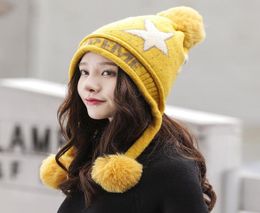 2020 Women039s Hat Knitted Wool Warm Winter Beanie Thickened Windproof Cap Big Stars with Pompoms Designer Bonnets9779440