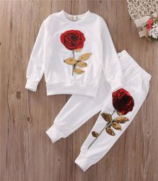 Kids Girl Clothes Designer Girls Tracksuit Boutique Kids Clothing Rose Sequin Print Hoodies Pant Toddler Girl Clothing Set 37Y Y17118750