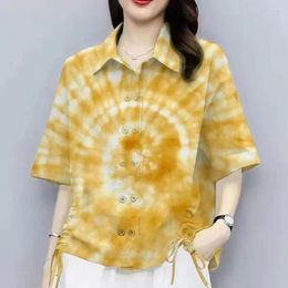 Women's Blouses Women Shirt Side Drawstring Blouse Stylish Tie Dye Print With Design Casual Lapel Short For Summer